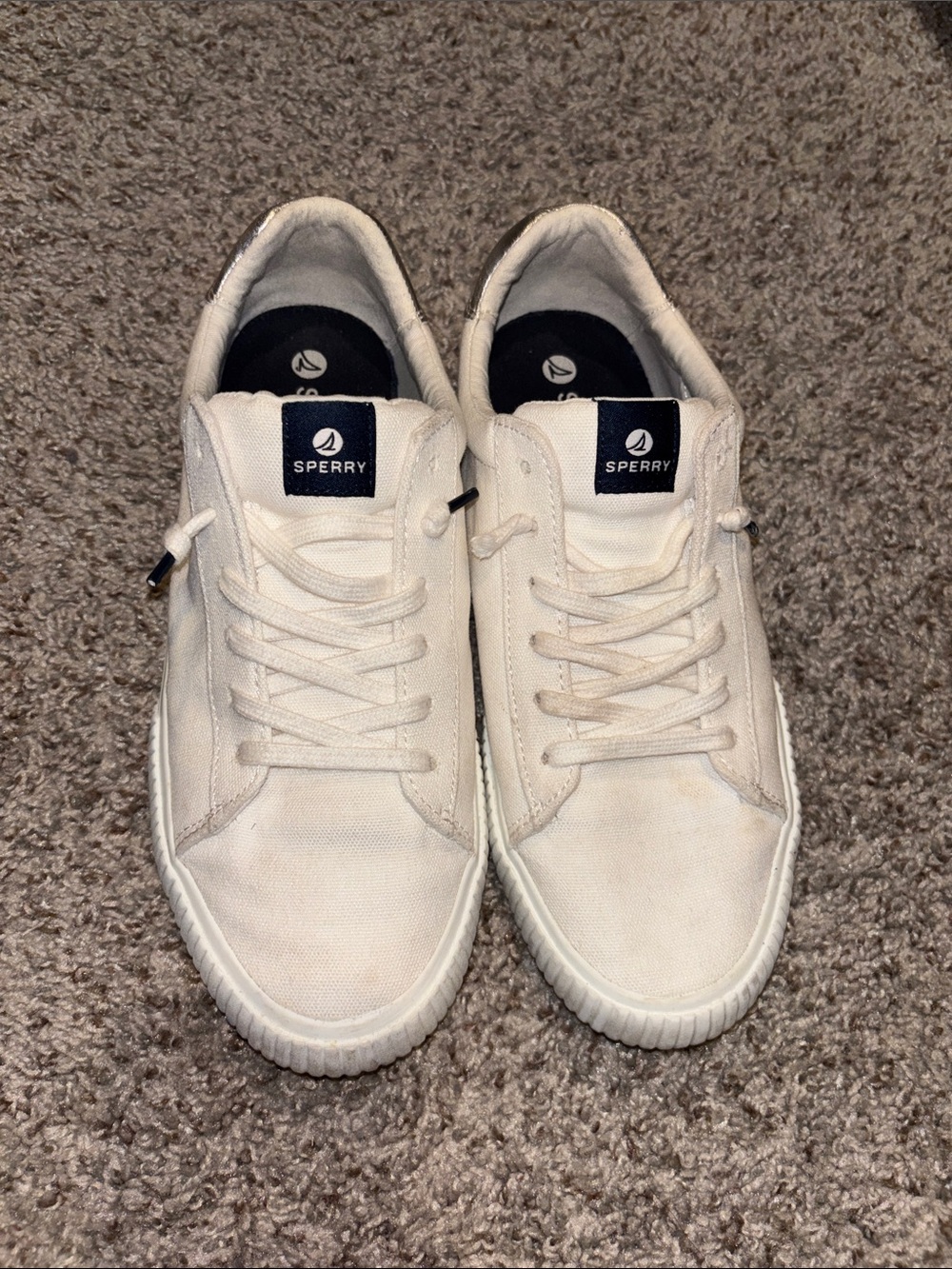 Sperry Off-White Canvas Lace-Up Sneakers with Navy Logo